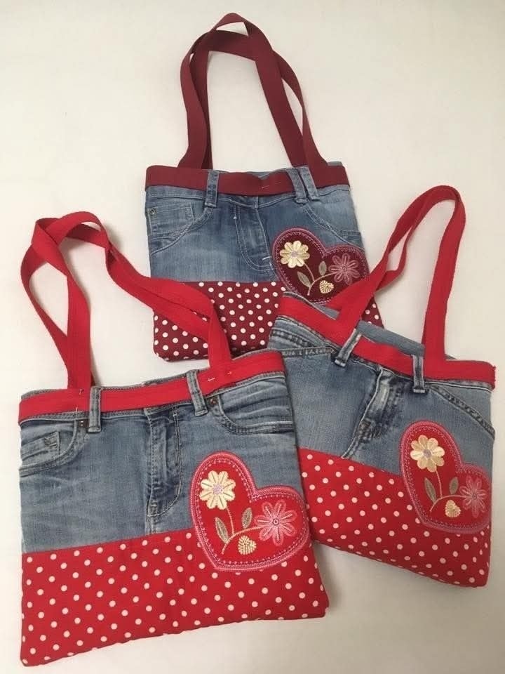 Denim bags with red a white polka dot print and heart applique