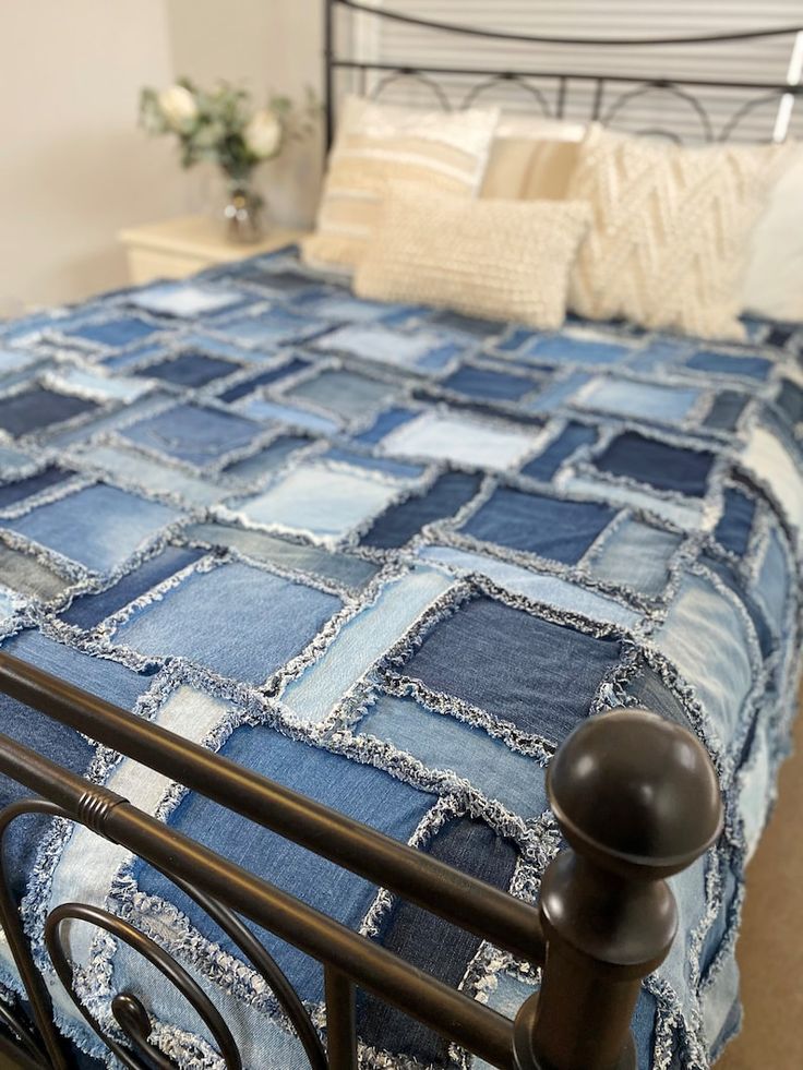 Denim patchwork bed cover