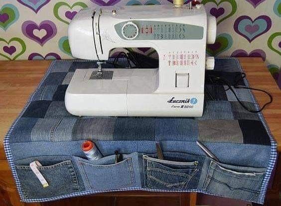 Denim sewing table mat with pockets